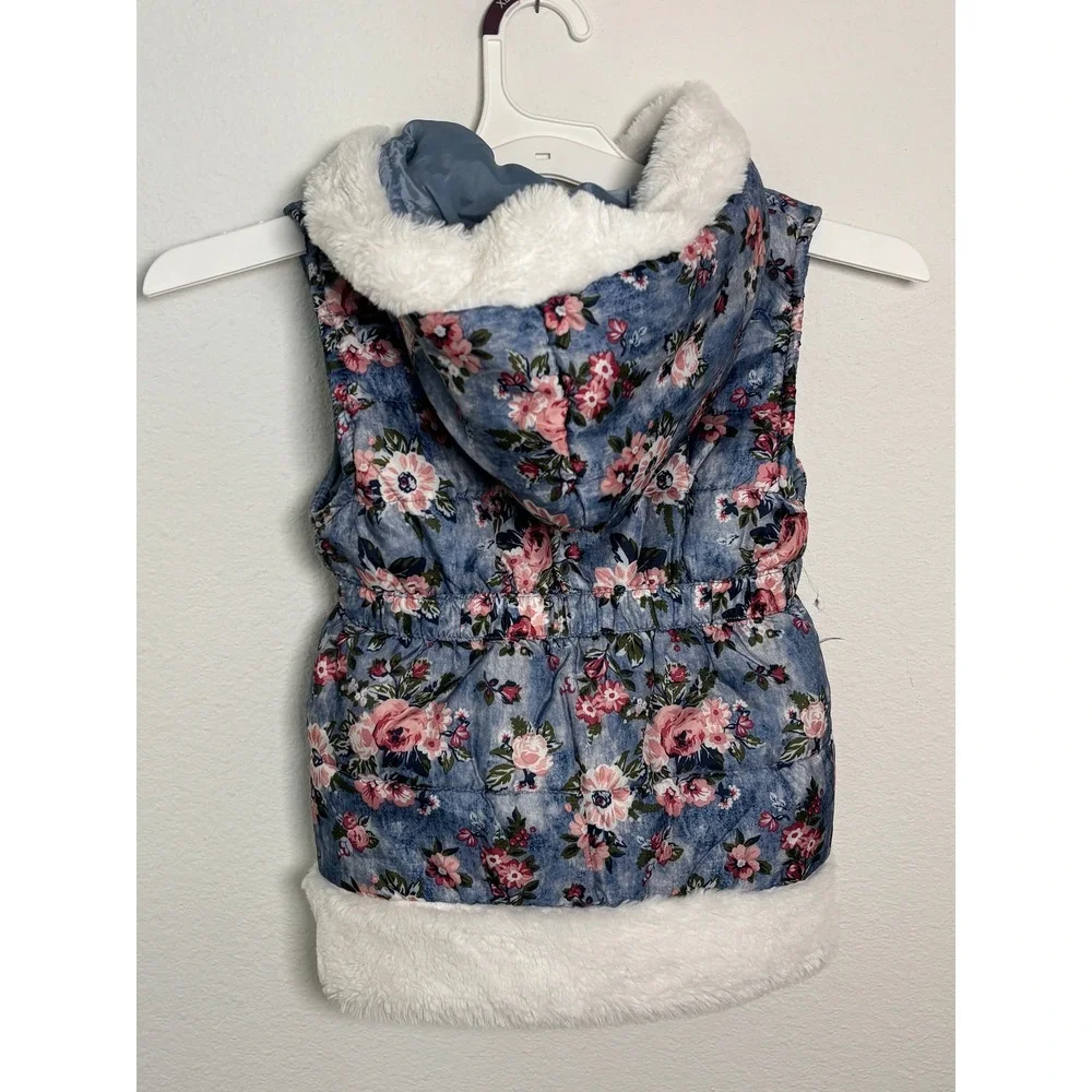 Little Lass Girls Blue Floral Faux Fur Trim Hooded Puffer Vest Size 6X